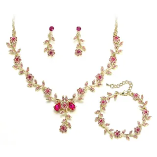 Clearine Damen Hochzeit Schmuck Set für Party Prom Blatt Cluster Blume Kristall Anhänger Halskette baumeln Ohrringe und Armband für Rosa Gold Ton