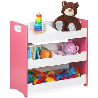 Relaxdays Kinderregal, 5 Fächer, Aufbewahrungsregal mit Griffen, HxBxT: 60 x 63 x 30 cm, Spielzeugregal, MDF, weiß-rosa