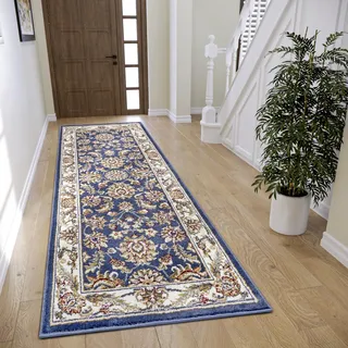 HANSE HOME Reni Teppich Orientalisch – Orient Läufer klassisch dicht gewebt mit Ornamenten und Blumenmotiven Weicher Kurzflor für Schlafzimmer, Esszimmer, Wohnzimmer, Flur – Blau Creme, 80x240cm