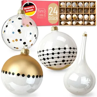 Weihnachtskugeln im wunderschönen Handwerk-Design - 24-TLG. Set mit exklusiven Christbaumkugeln – Weihnachtsbaumkugeln - Einzigartig-festlicher Baumschmuck weiß/Gold