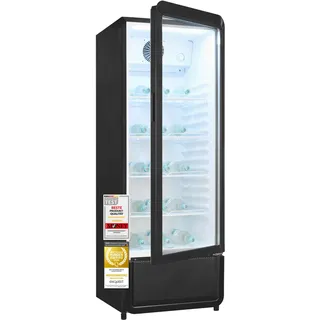 Exquisit GKS240-V-H-040E Getränkekühlschrank mit Glastür, 240 l, Schwarz | Freistehender Flaschenkühlschrank mit Umluft, LED-Licht und 4 Gittern - Ideal für Gastro, Büro und Events - 153 cm hoch