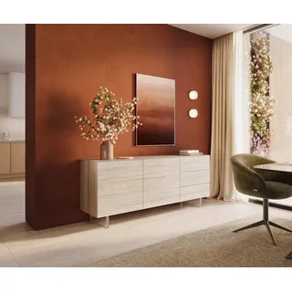 DELIFE Sideboard Cuor 180 cm Keramik Laminam® Travertino Bianco Creme-Weiß 2 Türen 3 Schubfächer Fuß Schwebeoptik Acrylglas - Creme, Weiß