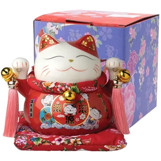 JADE TEMPLE Maneki Neko Winkekatze Rot, Spardose, japanische Glücksbringer Katze, asiatisches Deko-Objekt, Porzellan, 14cm Höhe, 15cm Durchmesser, mit Kissen, 1 Stück in Geschenkbox