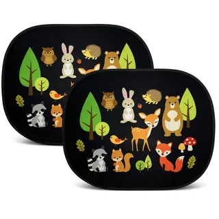 HECKBO 2X Auto Sonnenblende mit 8 Saugnäpfen - Waldtiere Tiere Motiv - 44x36cm - Auto Fenster Seitenfenster Sonnenschutz Autosonnenblende Seitenscheibe - mit Tasche - für Baby Kinder Mädchen Jungen