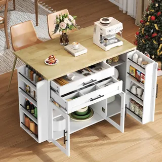 STILVORA Kücheninsel mit klappbarer Arbeitsfläche und flexiblem Stauraumdesign, Küchenwagen mit 5 Rädern und Gewürzregal sowie Besteckschublade, Servierwagen für Küche Esszimmer mit Glas­türen und verstellbaren Regalen Weiß - Weiß