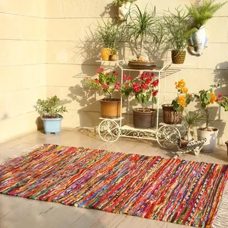 RAJRANG BRINGING RAJASTHAN TO YOU Flickenteppich chindi (150 x 215 cm) - Großer mehrfarbiger recycelter handgewebter Polar Chindi Teppich mit bunt gestreiftem Fleckerlteppich für Schlafzimmer