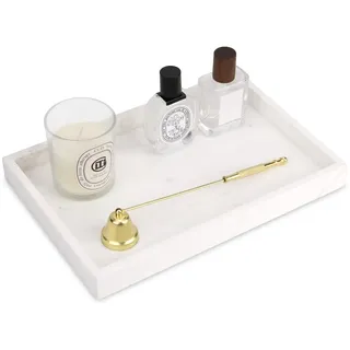 Marmor Tablett Natürlicher Modern Luxuriöser Badezimmertablett Kosmetiktablett Vielseitiges Deko Tablett Küche Arbeitsplatten für Schlüssel, Kaffee, Parfüm, Schmuck Jazz Weiß 30 x 20 x 3 cm