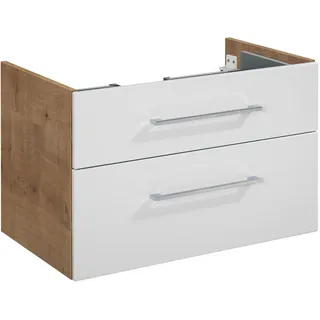 Voleo Waschtischunterschrank , Eichefarben, Chromfarben, Weiß Hochglanz , Metall , 2 Schublade(n) Schubladen , 80x48.8x50.9 cm , Made in Germany , Zusatzausstattung erhältlich, hängend, Typenauswahl , Holzmöbel, Holzschränke, Waschbeckenunterschränke Holz