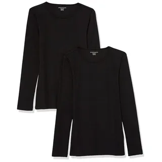 Amazon Essentials Damen Schmal geschnittenes Oberteil mit Langen Ärmeln und Rundhalsausschnitt aus Rippstrick (in Übergröße erhältlich), 2er-Pack, Schwarz, L