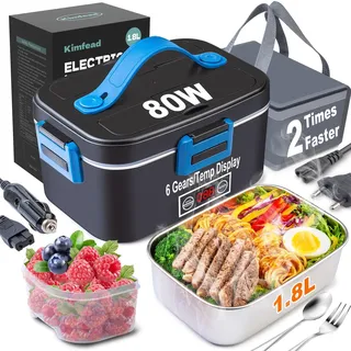 Kimfead Elektrische Lunchbox mit Anzeige Temperatur Lunch Box Elektrisch 80W Electric Lunch Box 1.8L 12V/24V/230V mit Grau Tasche/Besteck, für Auto/Lkw/Büro(Temp-Anzeige Blau)