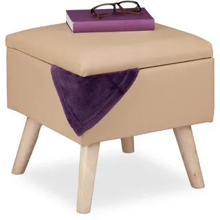 Relaxdays Sitzhocker mit Stauraum, Kunstleder, HBT: 40 x 40 x 40 cm, mit Deckel, Sitzwürfel gepolstert, beige