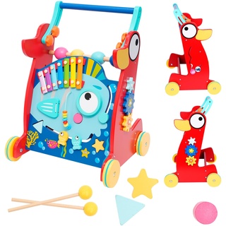 Lauflernhilfe, 2-in-1 Holz Baby Lauflernwagen mit Gummibereifung, Baby Lauflernhilfe mit 10 Interaktive Aktivitäten,Montessori-Holzspielzeug, Gehfrei Baby ab 6 Monate