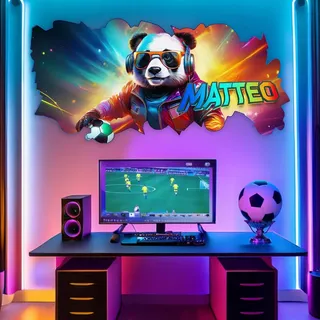 tjapalo® PT2 cooles Wandtattoo Kinderzimmer junge mit Namen Kinder Wandsticker mit Namen personalisiert Gamer Wandtattoo jungenzimmer cool Fußball Wandsticker Fussball Panda