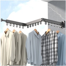 Wäscheständer zur Wandmontage, einziehbarer Kleiderständer mit Haken, 360° drehbar, dreifach zusammenklappbar, Wäscheständer für Balkon, Wäsche, Badezimmer (schwarz)