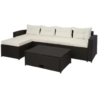 MCW Poly-Rattan Garnitur MCW-J34, Balkon-/Garten-/Lounge-Set Sitzgruppe Sofa, Staufach ~ braun, Kissen creme-beige