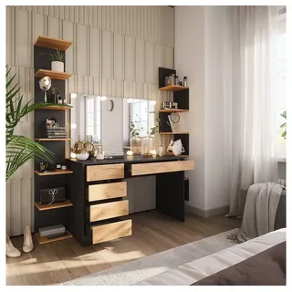 Vicco Schminktisch Sherry Anthrazit/Goldkraft Eiche 120 x 75 cm mit Spiegel & LED-Beleuchtung
