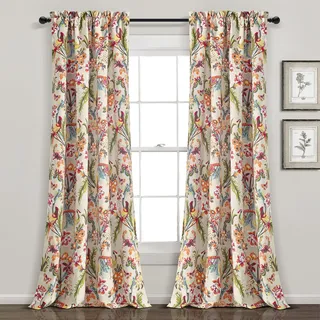 Lush Decor Dolores lichtfilternde Fensterpaneele, 132,1 x 213,4 cm (B x L), neutrale und mehrfarbige Toile-Vorhänge, Blumen-Vogel-Druck, Grandmillennial & französischer Landhaus-Vorhang, Landhaus und