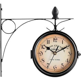 QOTSTEOS Doppelseitige Wanduhr, Retro Bahnhofsuhr, Vintage Quarz Glockenuhr Doppelseitige Garten Retro Hängende Standuhr für Innen Außen, Garten, Home Hanging Decor (Schwarz)