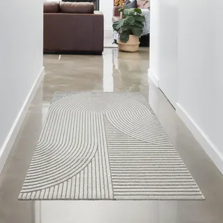 CARPETIA Moderner 3D-Teppich Linien- und Bogenmuster Grau 80x300 cm | Pflegeleicht, strapazierfähig, hautsympathisch und schadstofffrei, OEKO-TEX geprüft, für Fußbodenheizung & Wohnräume
