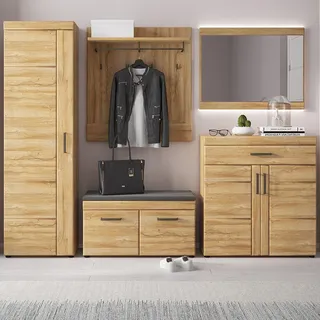 Garderobenmöbel Komplett Set, 5-teilig, in Grandson Eiche Nb. CARIATI-129, B/H/T ca. 274/195/38 cm - Braun