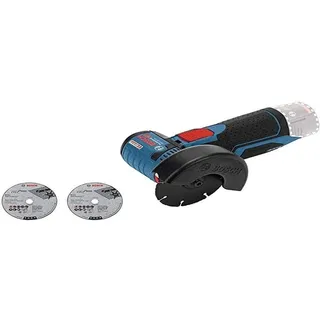 Bosch GWS 12V-76 ohne Akku + 1x Hartmetall-Trennscheibe, 1x Carbide Multi Wheel, 2x Inox-Trennscheibe, Schutzhaube, Einlage