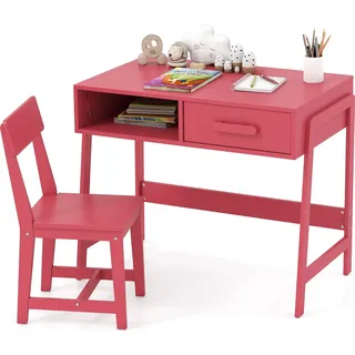 COSTWAY Schreibtisch Kinder mit Stuhl, Kinderschreibtisch Set aus Holz, Jugendschreibtisch mit Schublade & Ablage für Kinder ab 3+,Rosa - Rosa