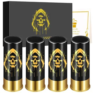 Totenkopf mit Hut Schnapsgläser aus Kunststoff, 4 Stück, mit Geschenkbox, für Männer und Frauen, Gothic-Fans, Hochzeit, Party, Geburtstag,Halloween, 12 GA Kleine Schnapsbeche, Plastik, 45ml, Schwarz