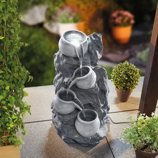 esotec Solar Fels-Kaskadenbrunnen granitfarben mit Akku und LED Licht 101322 - Grau