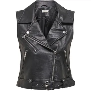 ONLY Kunstleder Biker Weste Kurz Lässige Cropped Jacke ohne Ärmel Asymmetrisch Taille ONLVERA, Farben:Schwarz-2,Größe Damen:S