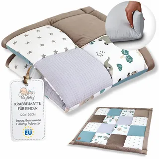 Krabbelmatte Baby 120 x 120 cm gepolstert – Krabbeldecke Spieldecke waschbar bei 30 Grad für Kinderzimmer Laufgitter & unterwegs – Spielmatte Babymatte faltbar Afrika Patchwork