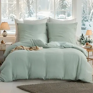 Simple&Opulence Musselin Bettwäsche 135x200 cm Baumwolle, Extra Weiches und Warme Bettwäsche-Sets, Oeko-Tex Bettbezug mit Reißverschluss und 1 Kissenbezug 80x80cm, Mintgrün