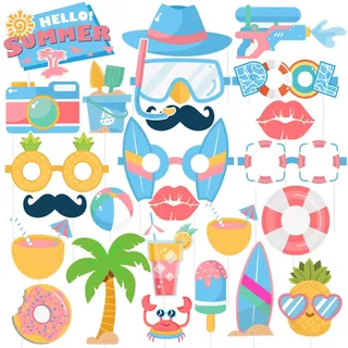 SUNBEAUTY 25 Stück Pool Foto Requisiten Fotobox Accessoires Sommer Photo Booth Requisiten Tropischer Strand Urlaub Selfie Requisiten Hawaii Geburtstag Party Supplies