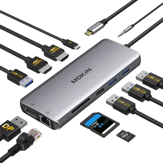 MOKiN USB C Docking Station Dual Monitor 12 en 1 Triple Display USB C Hub | USB C Multiport Adapter with 2 HDMI+DisplayPort+100W PD+4 USB+Gigabit Ethernet+SD/TF+Audio Port