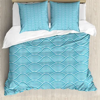 ABAKUHAUS Blau Bettbezug, Japanische Ozean Meer Wellen, Milbensicher Allergiker geeignet mit Kissenbezügen, 155 cm x 220 cm - 80 x 80 cm, Sky Blue Weiß - Weiß