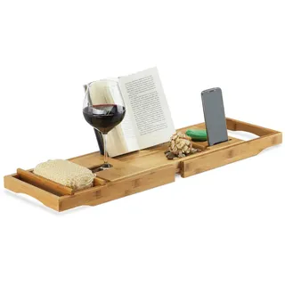 Relaxdays Badewannenablage Bambus, mit Buchstütze und Glashalter, HBT: 19x107,5x23cm, natur