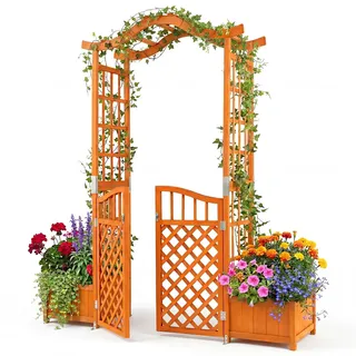 FANTASK Gartenbogen Holz, 185 x 46 x 210 cm, Rosenbogen mit Bogendach & 2 Blumenkästen, Pflanzenstütze mit Pflanzkasten für Kletterpflanzen, Rankhilfe Tannenholz für Garten, Terrasse & Rasen