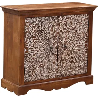 Marrakesch Exquisite Kommode mit Türen aus Holz 100cm groß | Orientalische Deko kleines Sideboard Komode Haifo handgeschnitzt für stilvolle Aufbewahrung und Boho Deko im Wohnzimmer & Schlafzimmer - Braun, Weiß