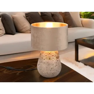 Tischlampe KIRAN Samt Keramik Grau-Gold Ø26cm H38cm mit goldfarbenen Ornamenten Schnurschalter - Rosa