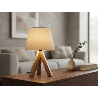 Kleine Tischlampe skandinavisch mit Holz & Leinen Lampenschirm Beige, Höhe 27cm - Beige