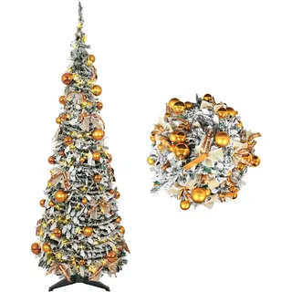 AGM 1.8M Pop Up Weihnachtsbaum mit Schnee, PVC Künstlicher Weihnachtsbaum mit Schleifen, Weihnachtskugeln, Beleuchtung, Stabile Basis Tannenbaum Künstlich für Weihnachten