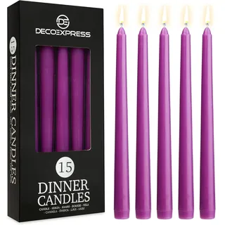 DECO EXPRESS Stabkerzen Set 6er, 10, 15 oder 50er, Lange Brenndauer bis zu 8 Std, Geruchslos(Lila, 15-er Set)
