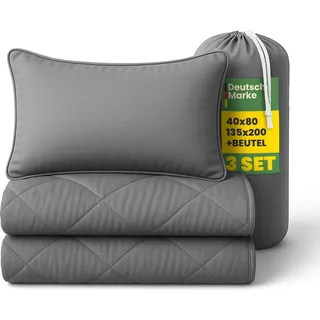 Reise Bettenset 135x200/40x80cm 2-teilig Salbei, Microfaser, Sommerbettdecke plus Kopfkissen inkl Tasche, kompakt für Camping, Urlaub & Gästebett, - Grau