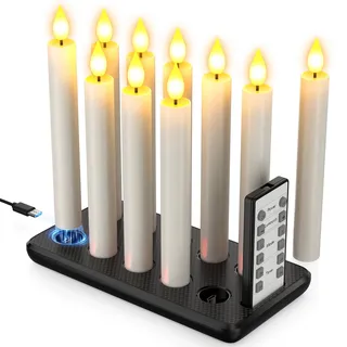 Yme LED Kerzen Aufladbar mit Fernbedienung Timer, 10er Elektrische Wiederaufladbare Kerzen LED Stabkerzen Flackernd mit Timerfunktion und Ladestation für Zimmer Tisch Halloween Party Deko Weihnachten