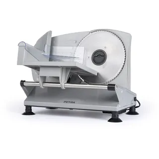 Petra Elektrischer Allesschneider – Küchenschneider für Brot, Käse, Fleisch, Wurstschneidemaschine, 1-15mm Schnittdicke, 3 x 170mm Edelstahl glatte gezackte Klingen, rutschfeste Saugfüße