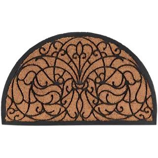 Relaxdays Fußmatte, Kokos & Gummi, halbrund, Ornamente, 100 x 60 cm, innen & außen, rutschfeste Schmutzfangmatte, Natur