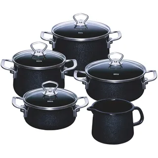 Riess, 0584-009, Familien-Set 5tlg., BLACK MAGIC, Emaille, Made in Österreich, LBH: 48,5x39,0x28,5cm, 7,740kg, Kanne mit Henkel, Deckel, Induktionskocher kompatibel, Gasherd geeignet, Ofenfest