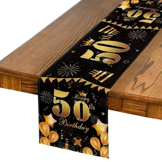 Artoid Mode 50 Geburtstag Schwarz Gold Happy 50th Birthday Tischläufer, Feier Dekoration Küche Tisch Draußen Drinnen Urlaub Party Dekor 40x140 cm