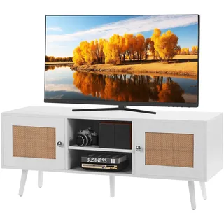 Vevor Rattan-TV-Ständer, Fernsehschrank Boho-TV-Schrank für 140 cm Fernseher, Retro-TV-Ständer, Rattan-TV-Konsole mit verstellbaren Regalen & 2 Türen, für Wohnzimmer, Medienraum, Weiß