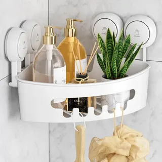 LEVERLOC Ecke Duschablage Saugnapf ohne Bohren Duschorganizer Duschregal Saugnäpfe Duschgel Halterung Abnehmbar Belastbarkeit 10 KG Wasserdicht Badregal mit Saugnapf für Shampoo und Duschgel