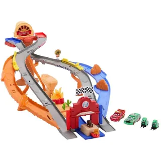Mattel Disney Pixar Cars Spielset, Lightning McQueen, Chicks Hicks und 2 Boxencrew-Fahrzeuge, 2 Rennmöglichkeiten, Rennen & Retten Rettungsweg-Rennstrecke, JFL57
